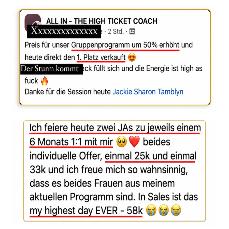 Community-Posts: Preis um 50 Prozent erhöht und sofort verkauft, dazu zwei Zusagen für 6-Monats-1:1 über 25k und 33k, höchster Verkaufstag 58k